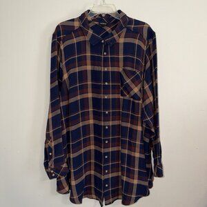 Torrid Button Up Shirt Womens Flannel Plaid Blue Brown Rayon Soft Comfy Size 4